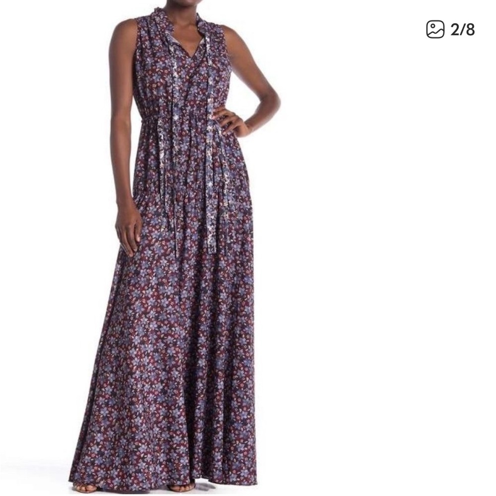 NWT ML MONIQUE LHUILLIER Floral Print Maxi Sleeveless Dress 2 Purple Multicolor‎